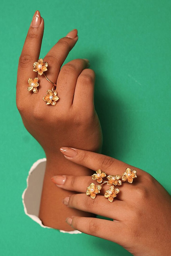 Gold Finish Handcrafted Floral Ring by NIHIRAA INDIA at Pernia's Pop Up Shop