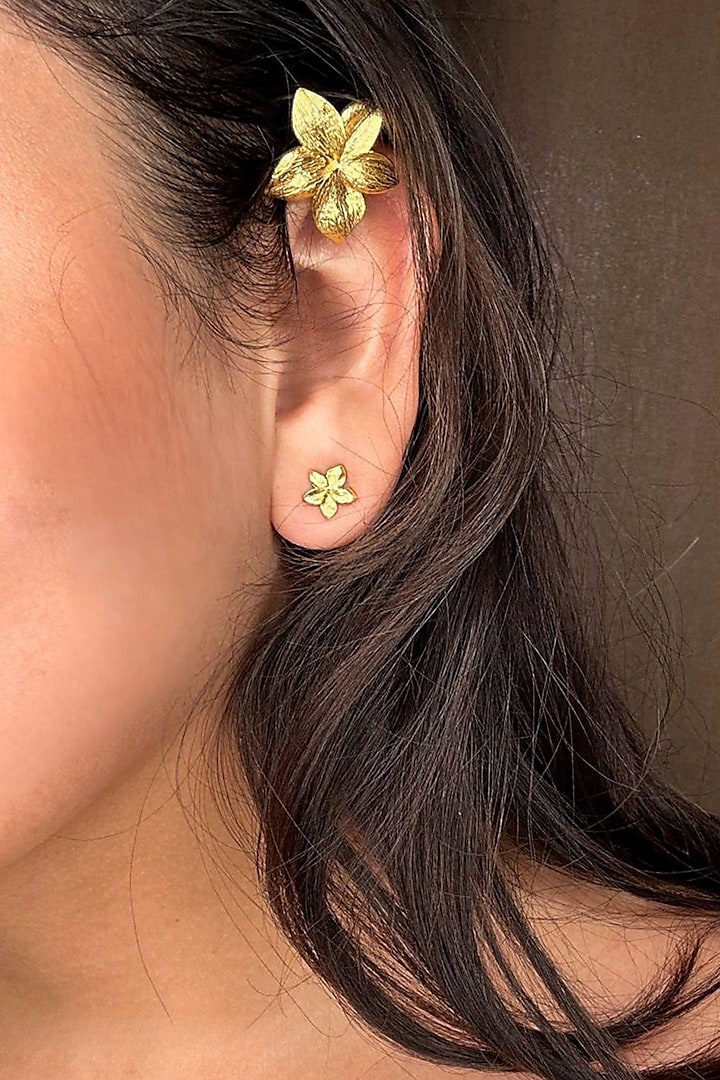 Gold Finish Handcrafted Stud Earrings by NIHIRAA INDIA at Pernia's Pop Up Shop