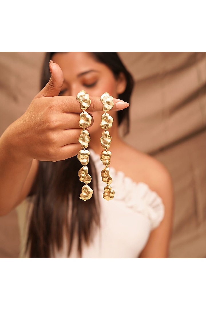 Gold Finish Handcrafted Ruffle Earrings by NIHIRAA INDIA at Pernia's Pop Up Shop