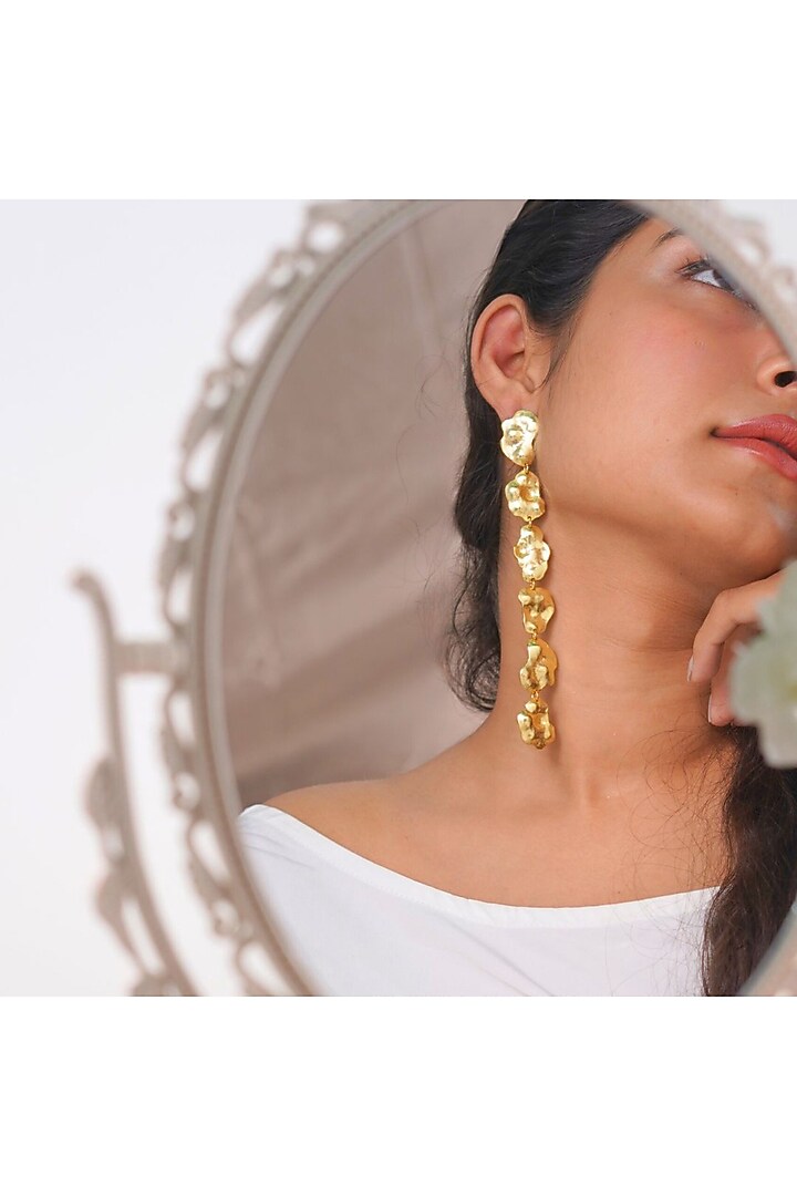 Gold Finish Handcrafted Ruffle Earrings by NIHIRAA INDIA at Pernia's Pop Up Shop