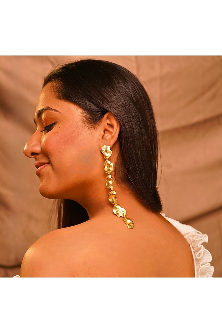 Gold Finish Handcrafted Ruffle Earrings by NIHIRAA INDIA at Pernia's Pop Up Shop