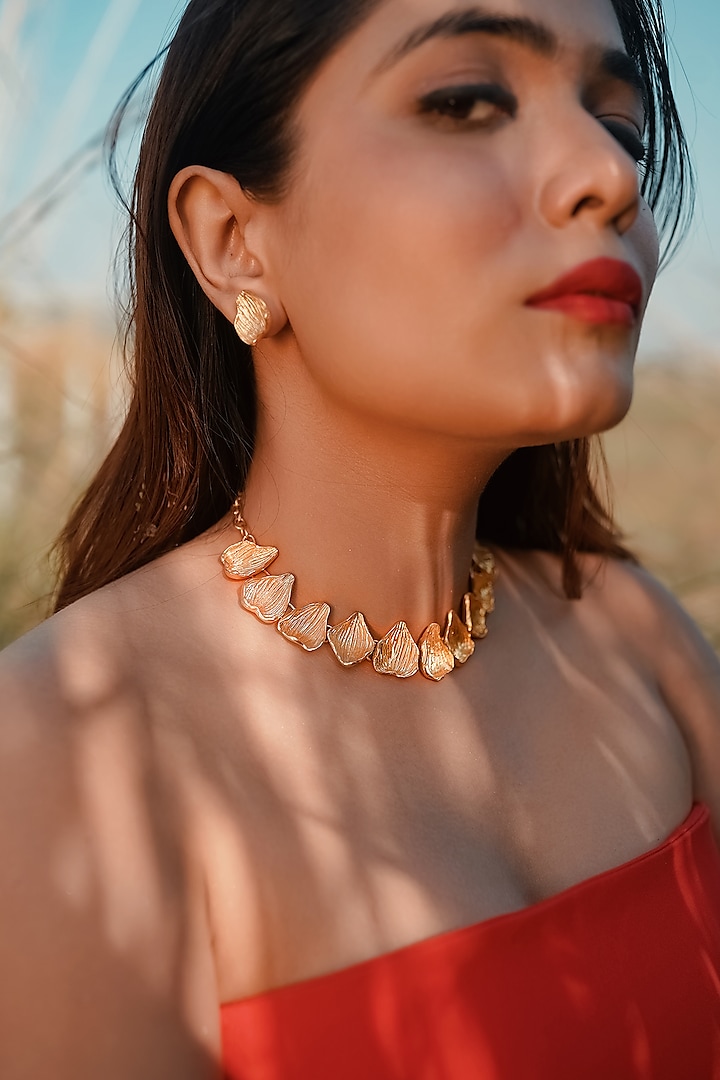 Gold Finish Handcrafted Necklace Set by NIHIRAA INDIA at Pernia's Pop Up Shop