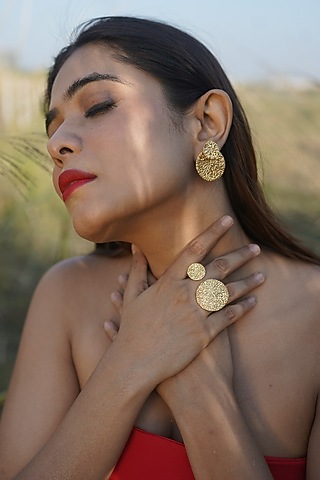 Gold Finish Handcrafted Dangler Earrings With Ring by NIHIRAA INDIA