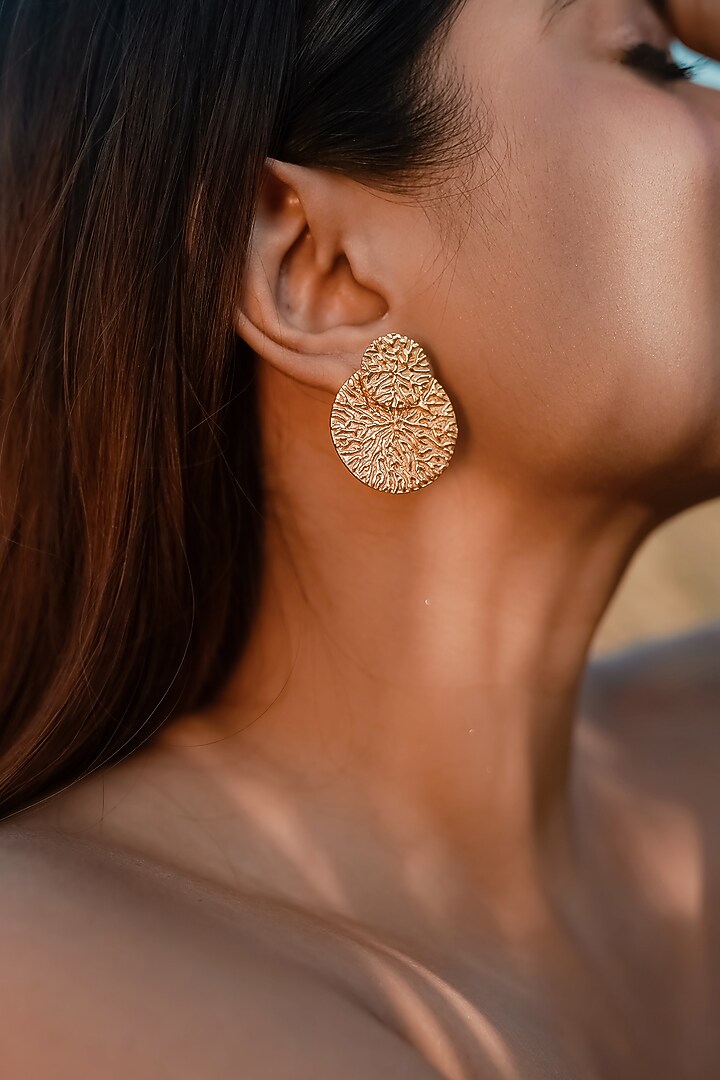 Gold Finish Handcrafted Dangler Earrings With Ring by NIHIRAA INDIA at Pernia's Pop Up Shop