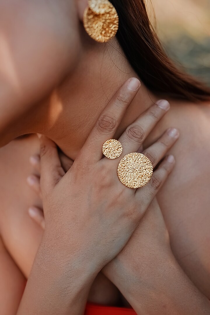 Gold Finish Handcrafted Dangler Earrings With Ring by NIHIRAA INDIA at Pernia's Pop Up Shop