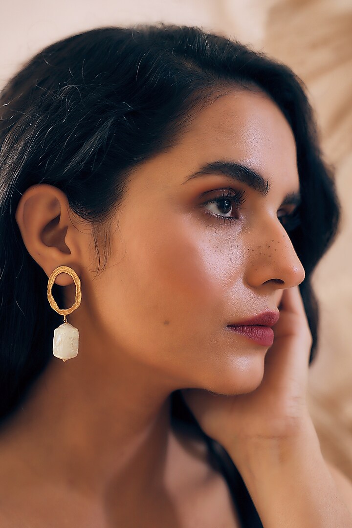 Gold Finish Pearl Handcrafted Dangler Earrings With Ring by NIHIRAA INDIA at Pernia's Pop Up Shop