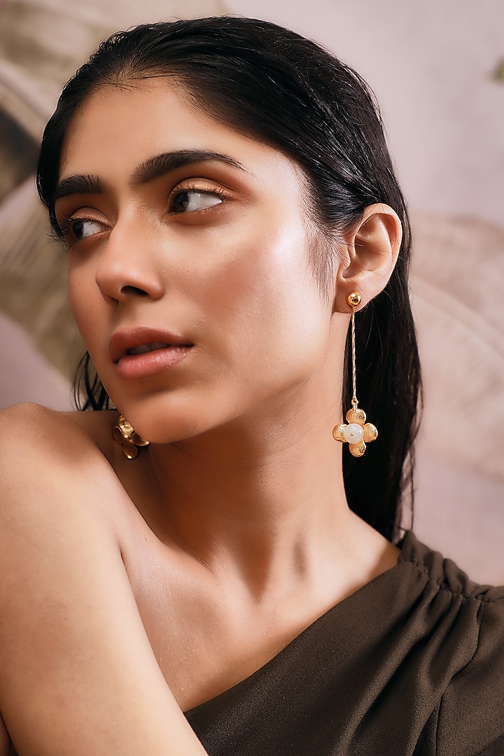 Gold Finish Marble Beaded Handcrafted Dangler Earrings by NIHIRAA INDIA