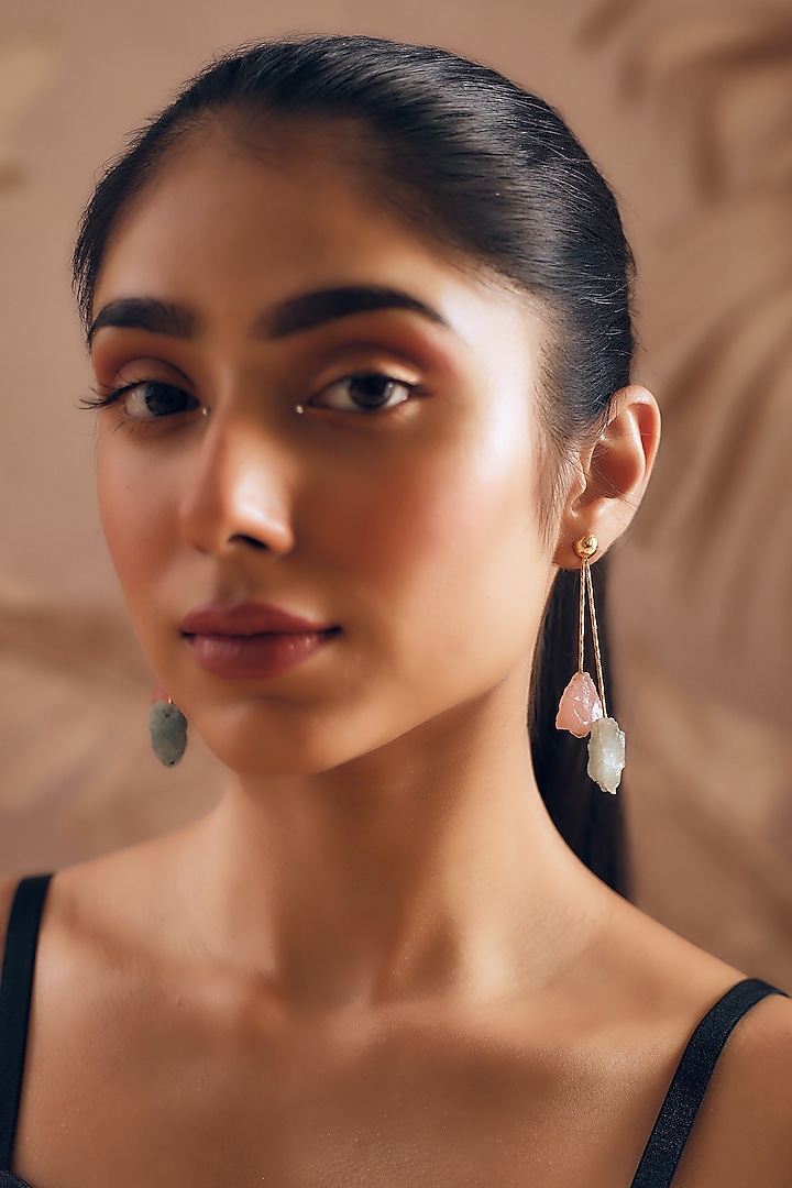 Gold Finish Rose Quartz & Aquamarine Stone Dangler Earrings by NIHIRAA INDIA