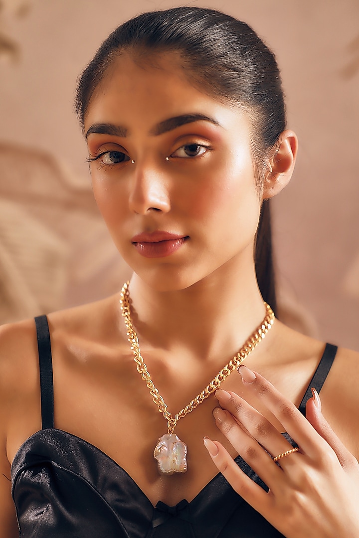Gold Finish Baroque Pearl Handcrafted Necklace by NIHIRAA INDIA