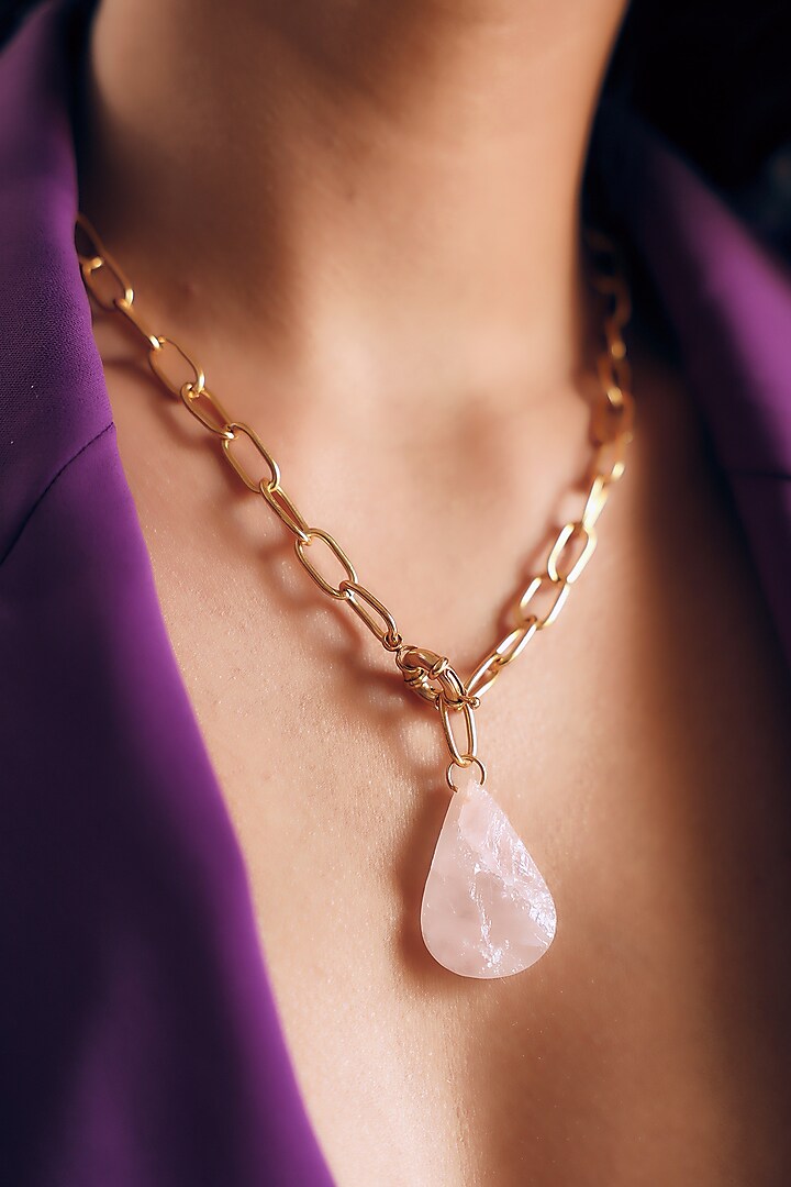 Gold Finish Rose Quartz Handcrafted Necklace by NIHIRAA INDIA