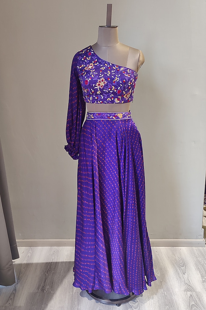 Purple Printed & Embroidered Skirt Set by Ne'Chi