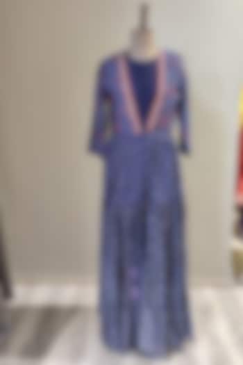 Cobalt Blue Printed & Embroidered Kurta Set With Jacket by Ne'Chi