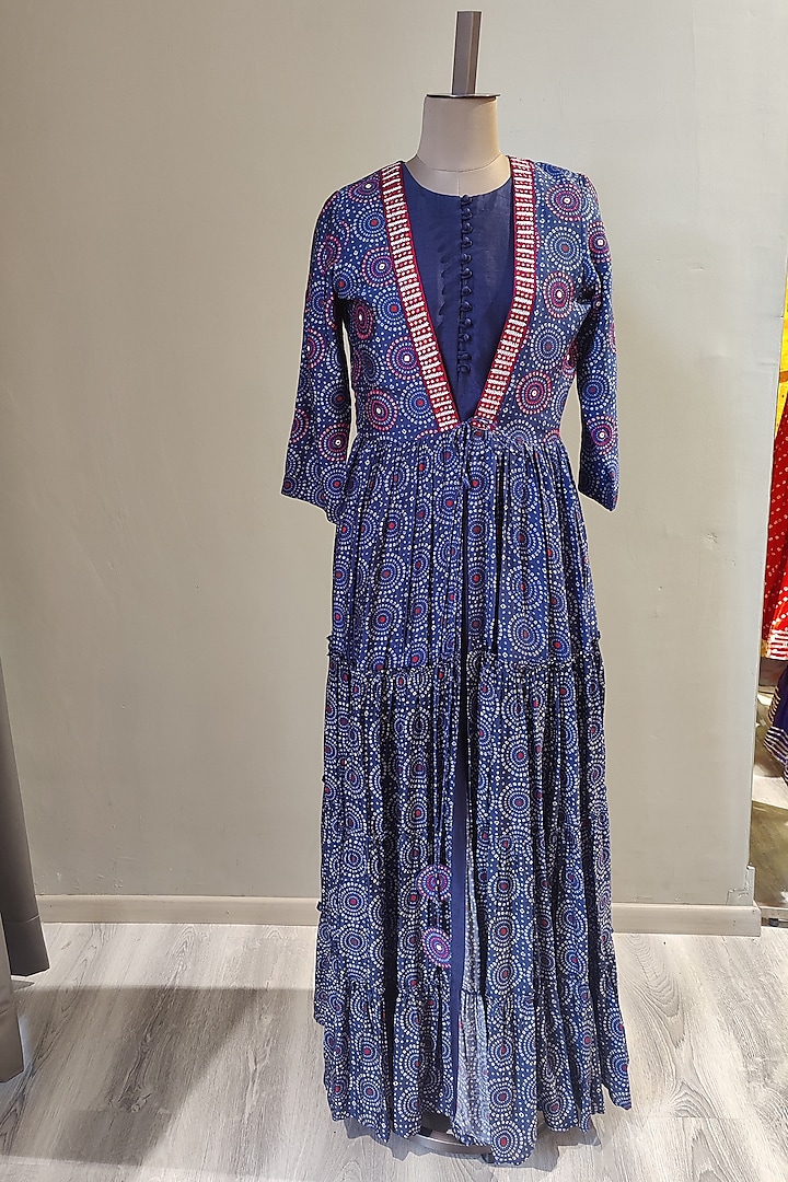 Cobalt Blue Printed & Embroidered Kurta Set With Jacket by Ne'Chi