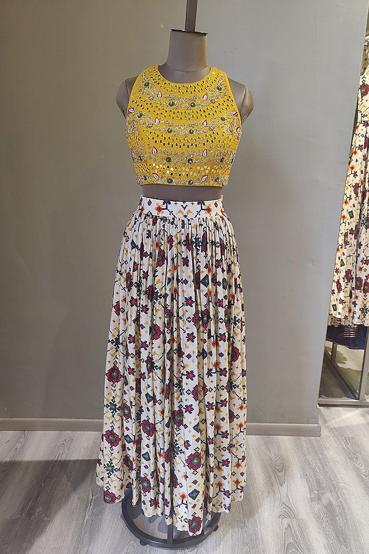 Mustard & White Printed & Embroidered Skirt Set by Ne'Chi