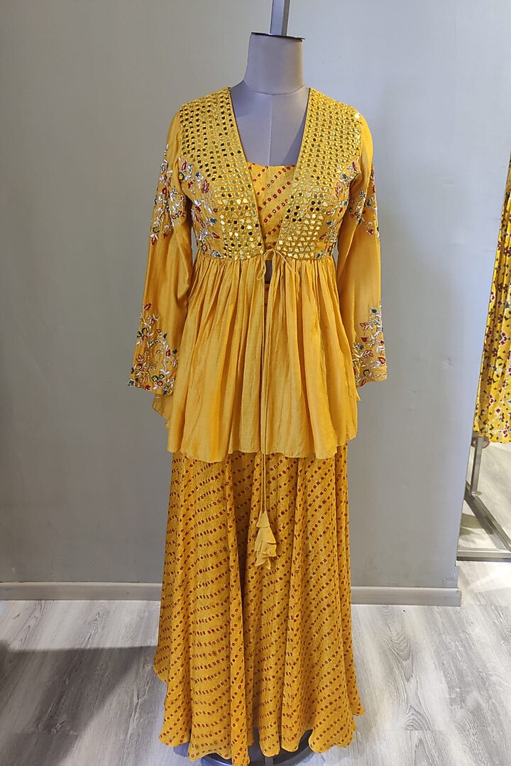 Mustard Printed & Embroidered Skirt Set by Ne'Chi at Pernia's Pop Up Shop