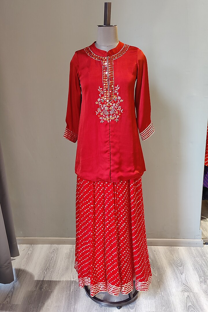 Red Embroidered & Printed Sharara Set by Ne'Chi
