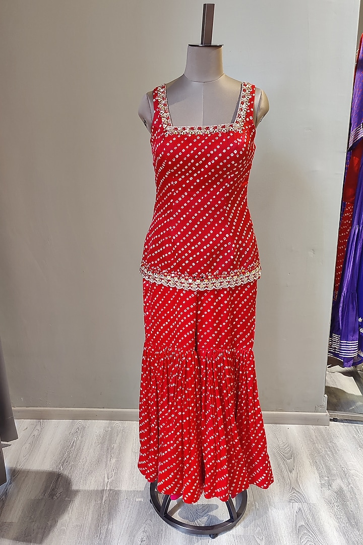 Red Mirror Embroidered & Printed Sharara Set by Ne'Chi