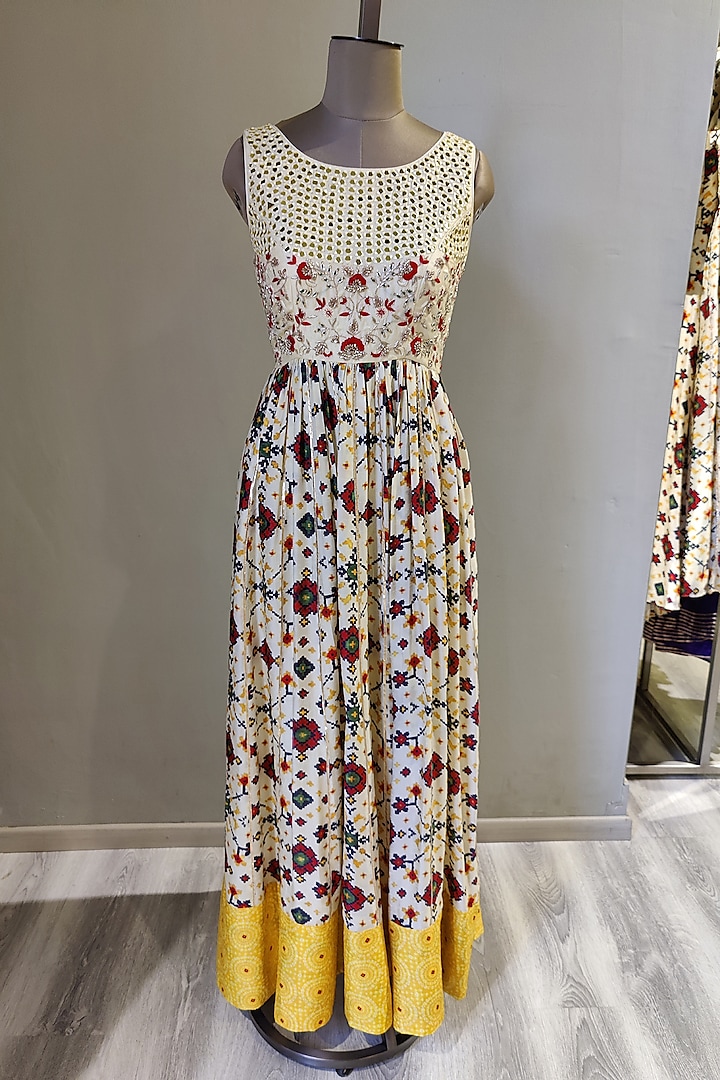 White Printed & Embroidered Gown by Ne'Chi