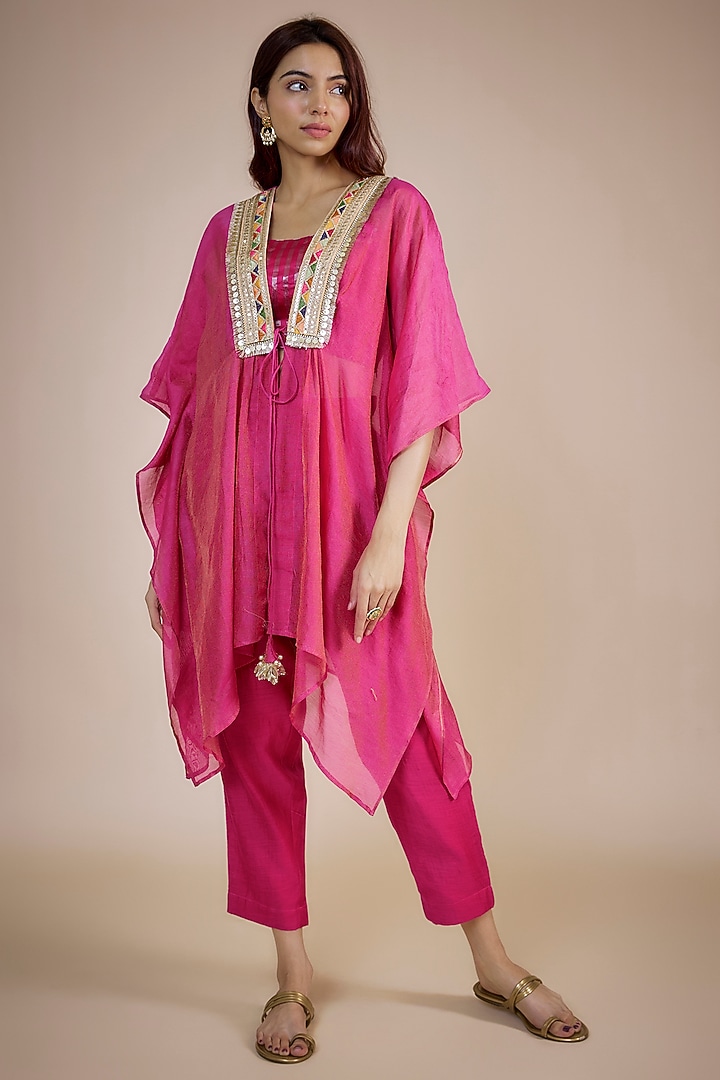 Pink Tissue Striped Zari Embroidered Kaftan Set by NE'CHI at Pernia's Pop Up Shop