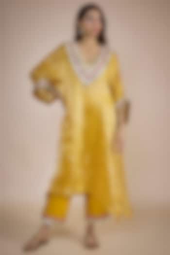 Yellow Tissue Striped Zari Embroidered Kaftan Set by NE'CHI at Pernia's Pop Up Shop