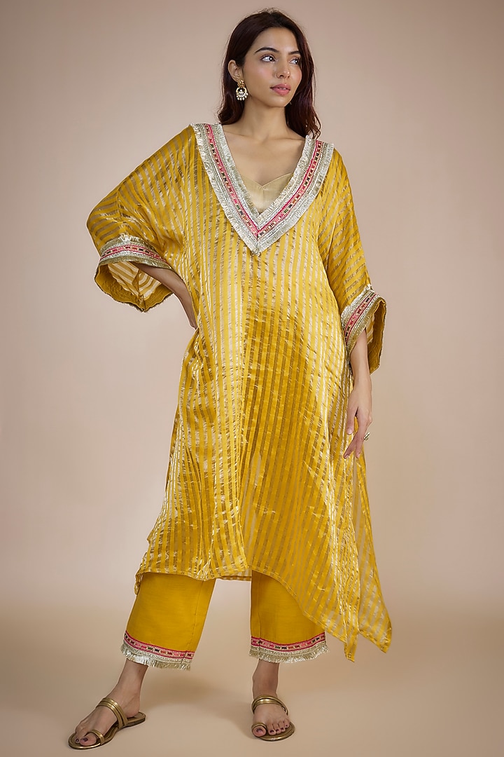 Yellow Tissue Striped Zari Embroidered Kaftan Set by NE'CHI at Pernia's Pop Up Shop