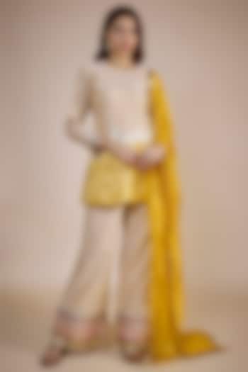 Beige Fine Chanderi Zari Embroidered Peplum Kurta Set by NE'CHI at Pernia's Pop Up Shop