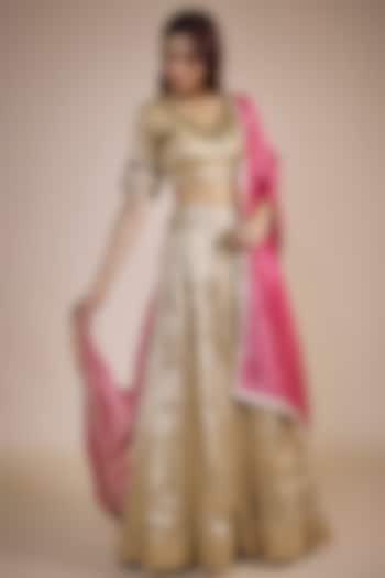 Gold Tissue Zari Embroidered Lehenga Set by NE'CHI at Pernia's Pop Up Shop