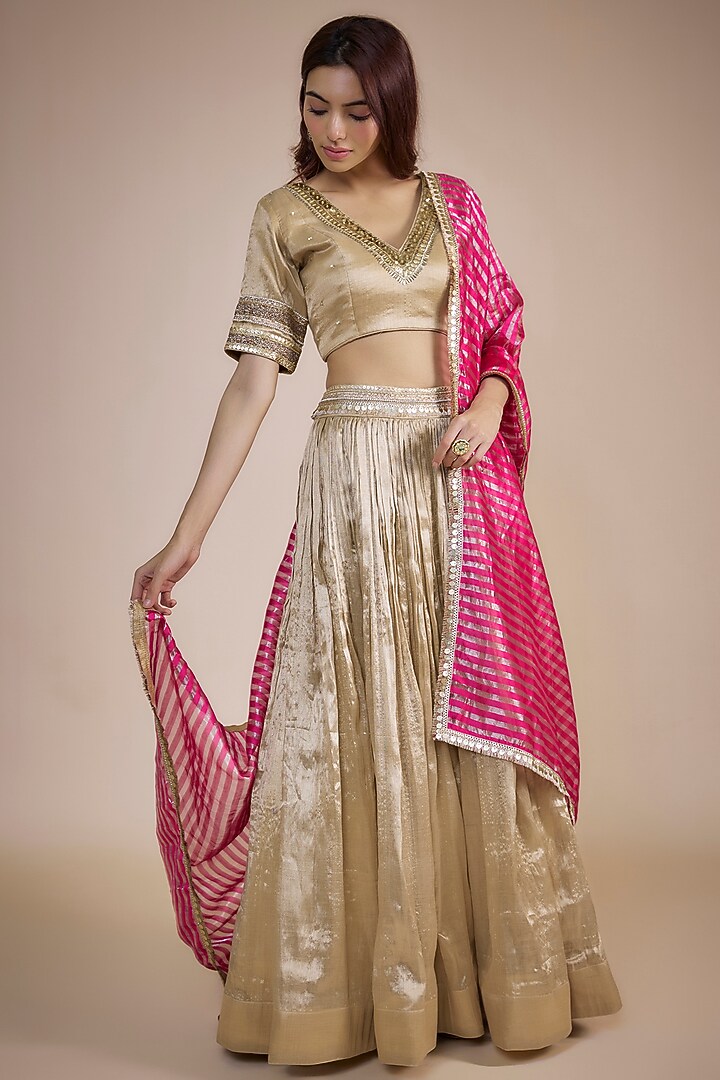 Gold Tissue Zari Embroidered Lehenga Set by NE'CHI at Pernia's Pop Up Shop