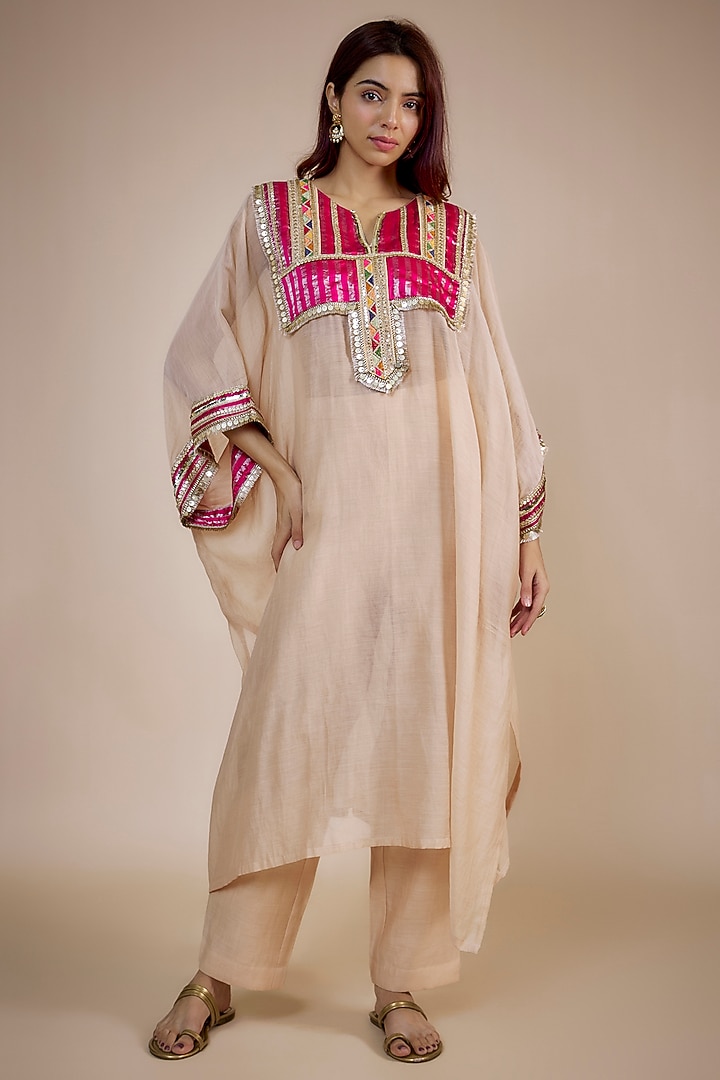 Beige Tissue & Fine Chanderi Gota Work Kaftan Set by NE'CHI at Pernia's Pop Up Shop