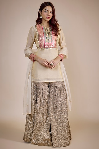 Beige Crushed Tissue Sharara Set by NE'CHI