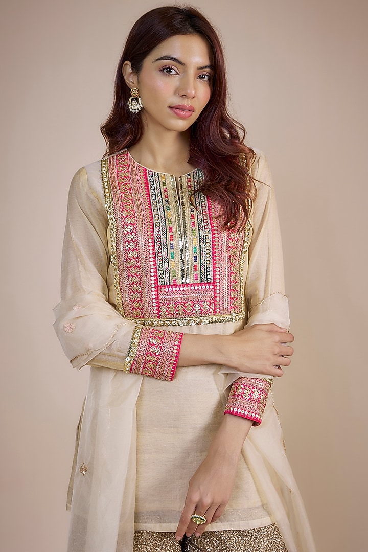 Beige Crushed Tissue Party Wear Sharara Set by NE'CHI at Pernia's Pop Up Shop