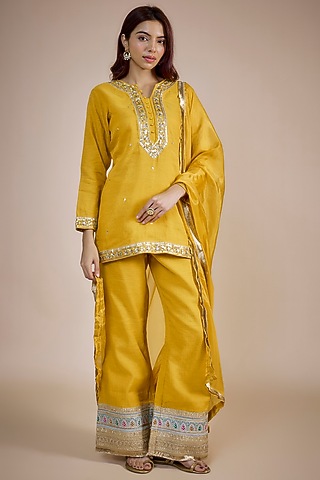 Mustard Fine Chanderi Hand Embroidered Kurta Set by NE'CHI