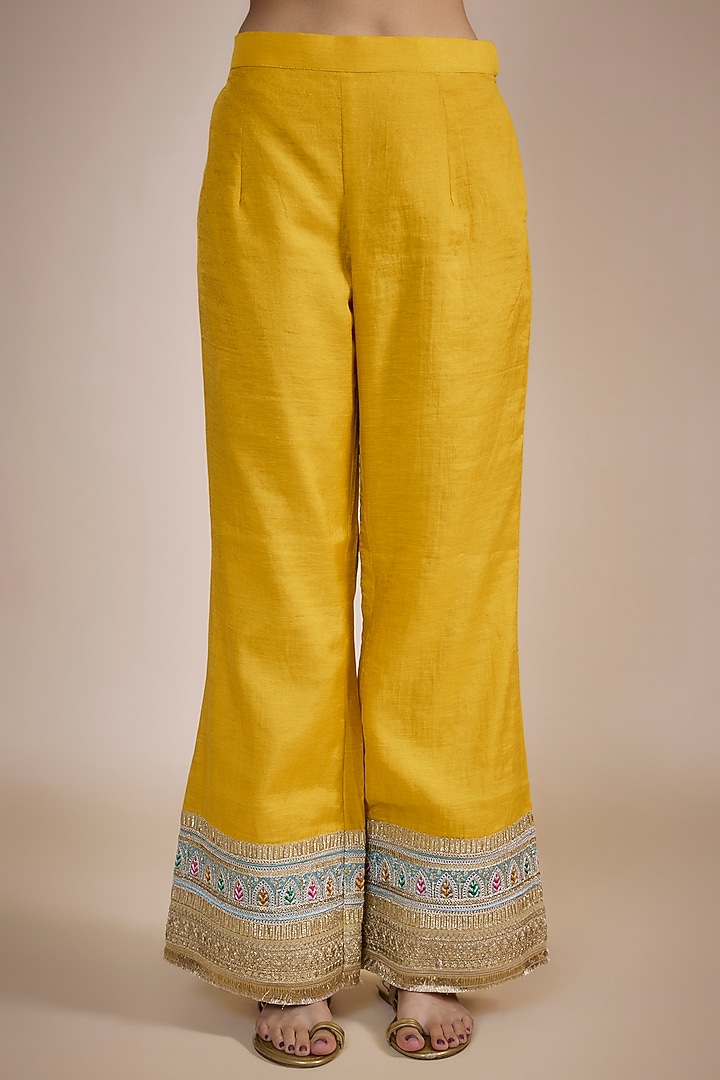 Mustard Fine Chanderi Hand Embroidered Kurta Set by NE'CHI at Pernia's Pop Up Shop