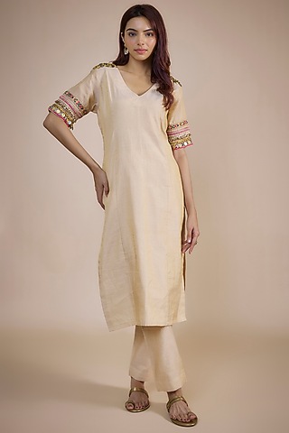 Beige Tissue Chanderi Coin Embroidered Kurta Set by NE'CHI