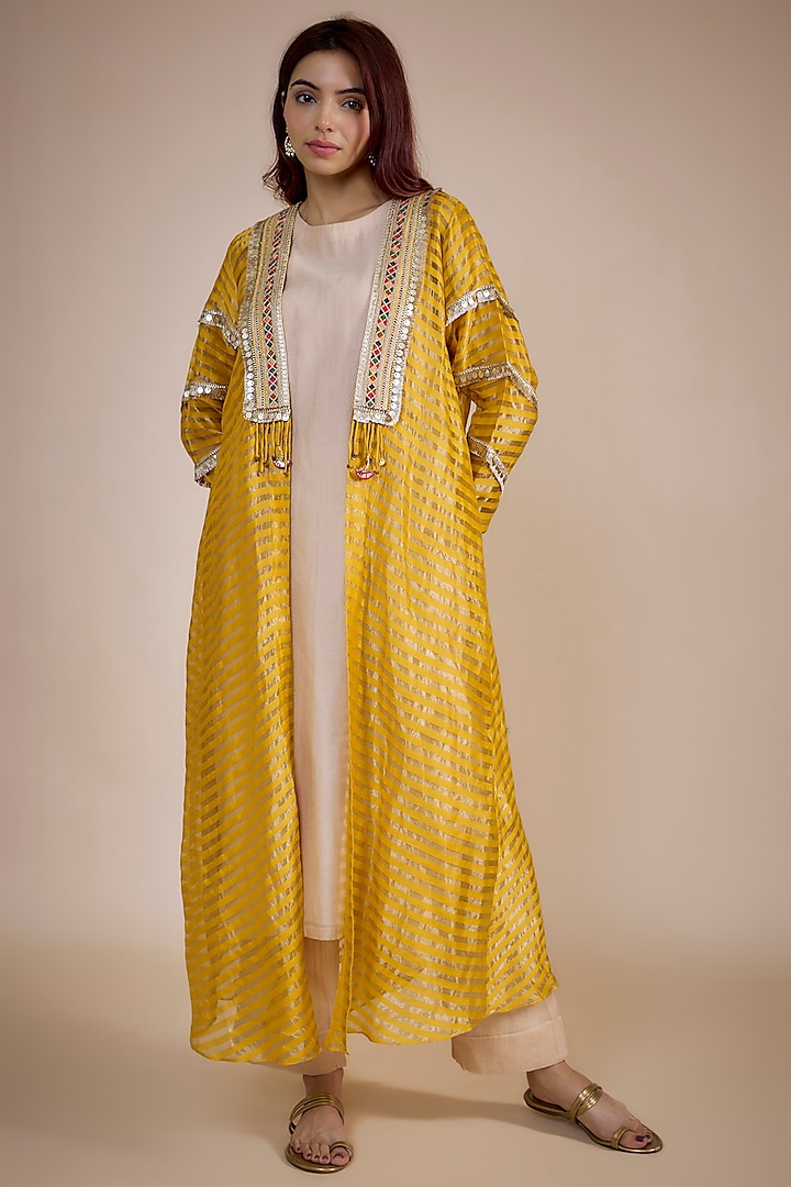 Yellow Tissue & Fine Chanderi Zari Embroidered Jacket Set by NE'CHI