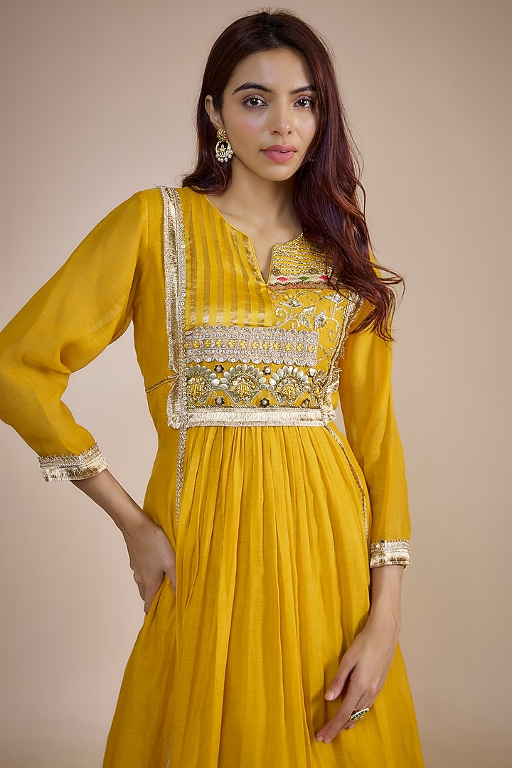 Yellow Fine Chanderi Zari Embroidered Gathered Kurta Set by NE'CHI at Pernia's Pop Up Shop