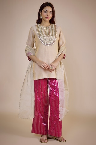 Beige Fine Chanderi Zari Embroidered Kurta Set by NE'CHI