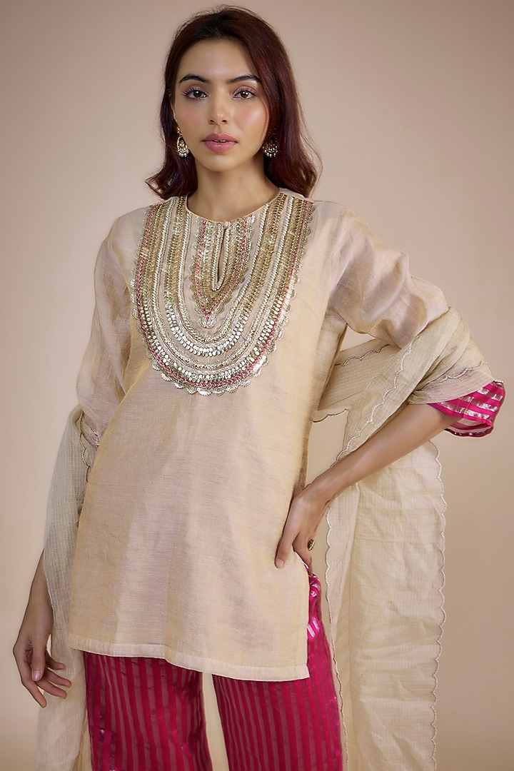 Beige Fine Chanderi Zari Embroidered Kurta Set by NE'CHI at Pernia's Pop Up Shop