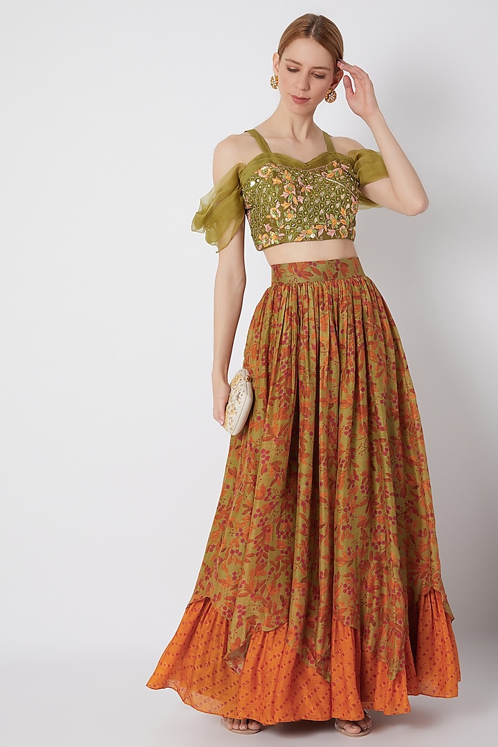 Mehendi Green Embroidered Blouse With Printed Skirt by NE'CHI