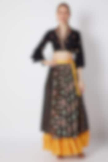 Black Embroidered Crop Top With Printed Skirt by NE'CHI at Pernia's Pop Up Shop