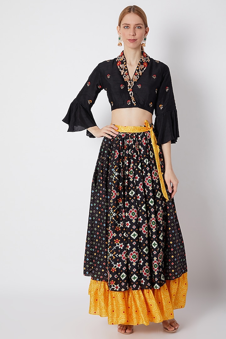 Black Embroidered Crop Top With Printed Skirt by NE'CHI