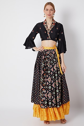 Black Embroidered Crop Top With Printed Skirt by NE'CHI