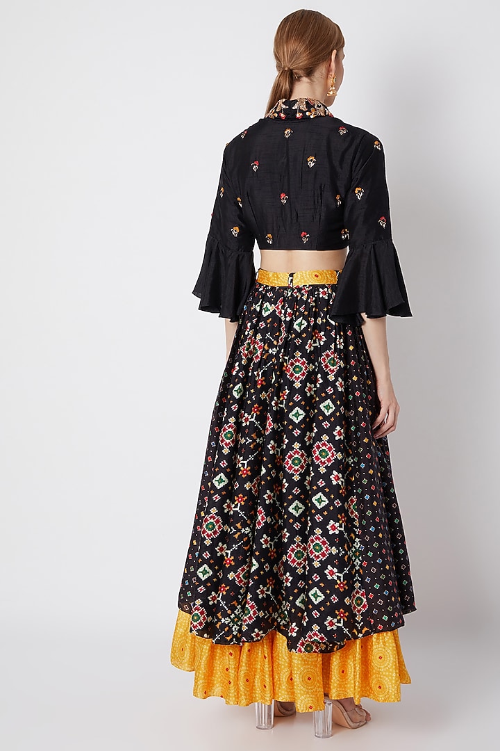 Black Embroidered Crop Top With Printed Skirt by NE'CHI at Pernia's Pop Up Shop