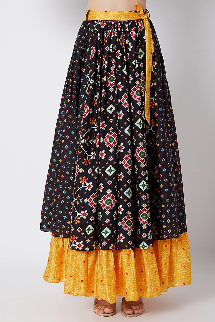 Black Embroidered Crop Top With Printed Skirt by NE'CHI at Pernia's Pop Up Shop