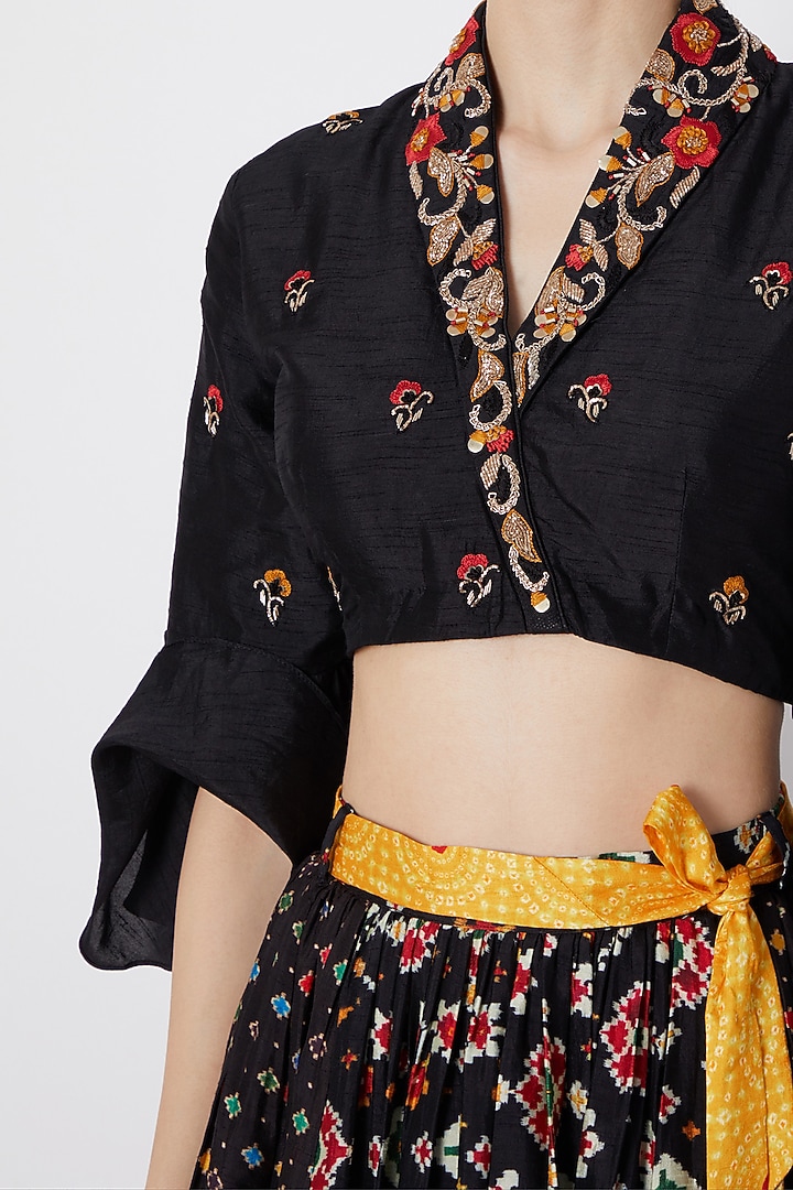 Black Embroidered Crop Top With Printed Skirt by NE'CHI at Pernia's Pop Up Shop