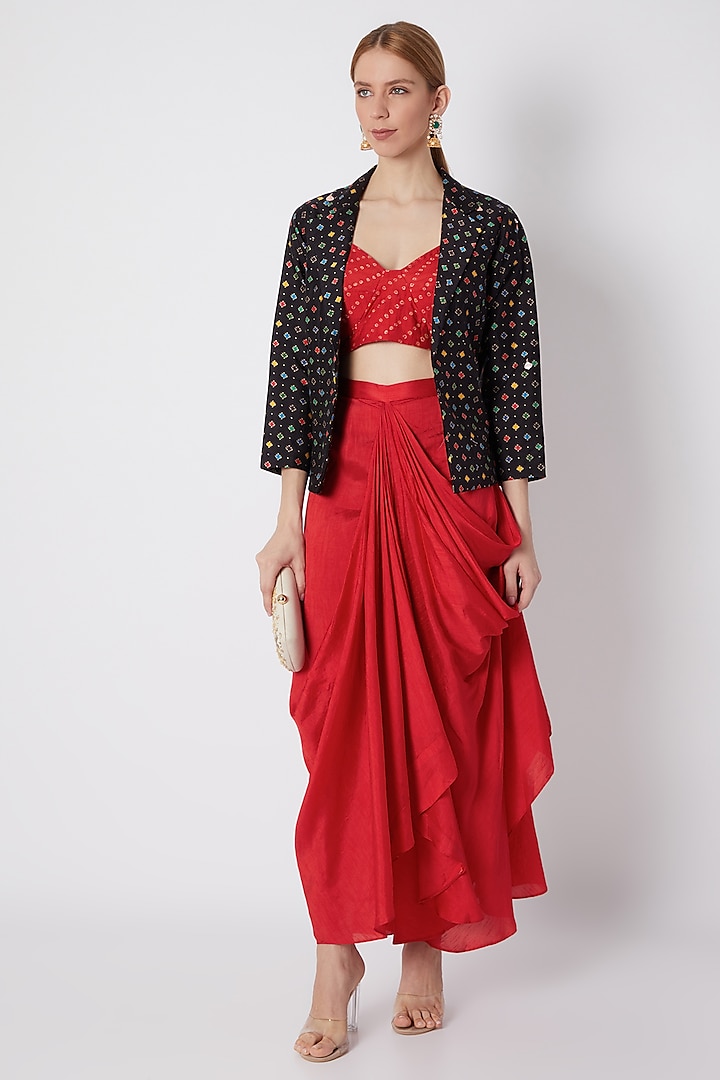 Black Embroidered Printed Jacket With Blouse & Draped Skirt by NE'CHI