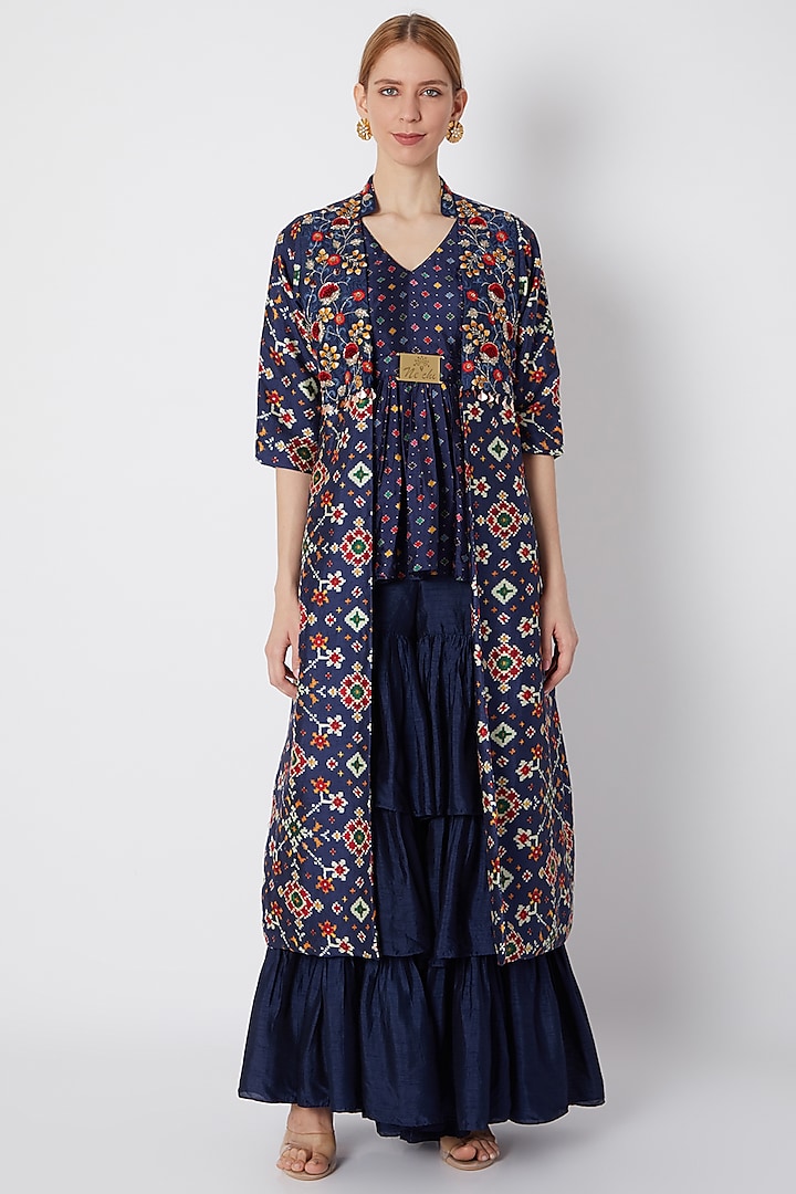 Cobalt Blue Embroidered & Printed Cape Set by NE'CHI