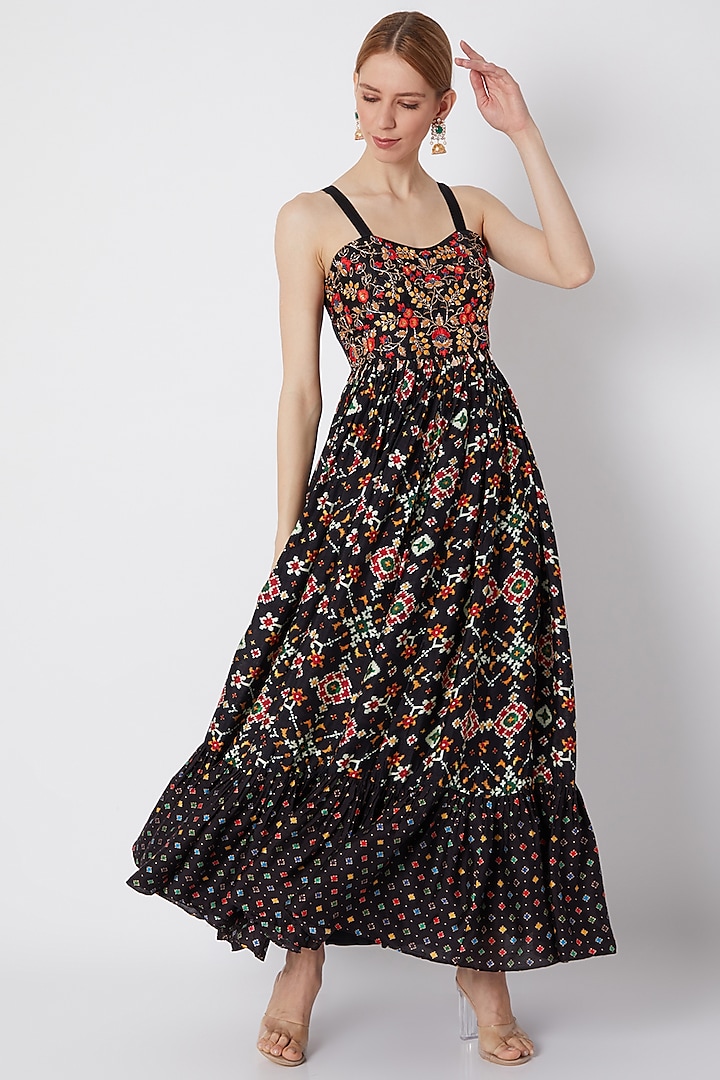 Black Embroidered & Printed Maxi Dress by NE'CHI