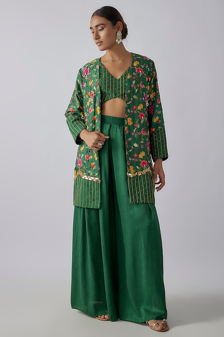 Green Silk Digital Printed & Mirror Embroidered Blazer Set by Ne'Chi