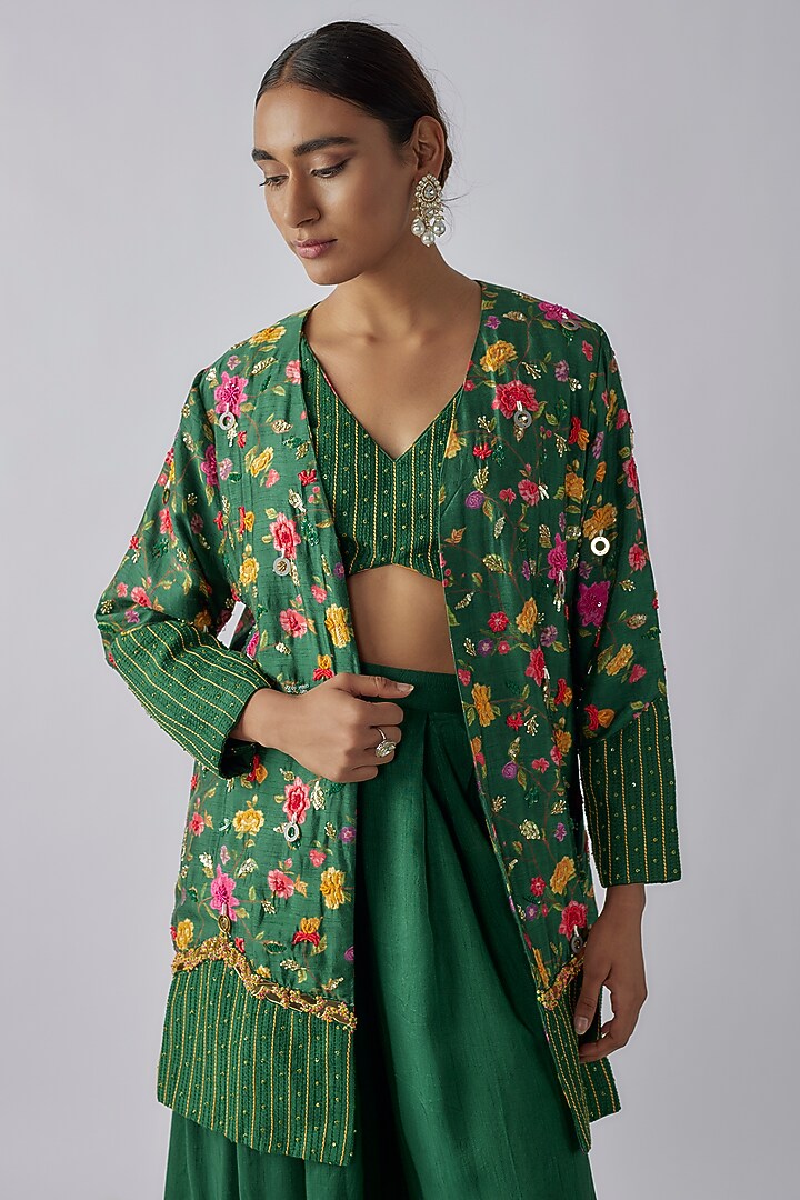 Green Silk Digital Printed & Mirror Embroidered Blazer Set by Ne'Chi at Pernia's Pop Up Shop